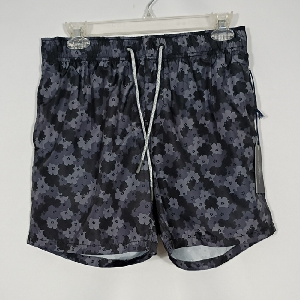 NWT Vintage Summer Black Ponji Tonal Floral Compression Swim Volley Shorts Sz S